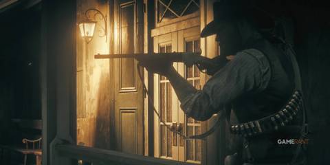Arthur shooting his rifle in Red Dead Redemption 2