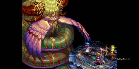 Myria reveals her monstrous form as a serpent with wings during the last boss fight in Breath of Fire 3