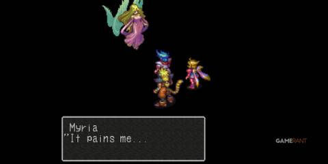 Myria speaks with sorrow before the final battle, surrounded by the main party in Breath of Fire 3