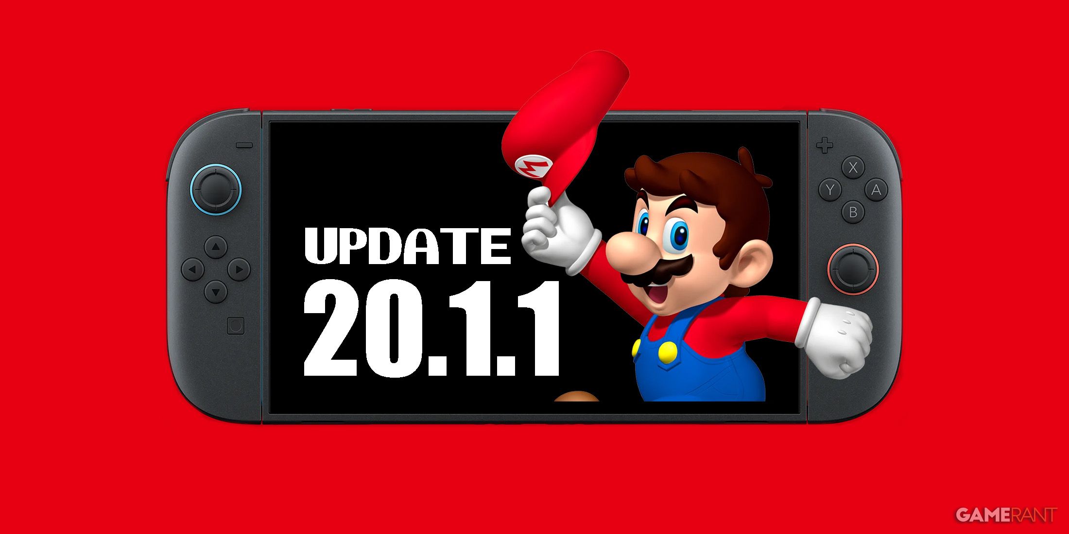 Nintendo Switch 2 update 20.1.1 with Mario illustration red background 2x1 composite