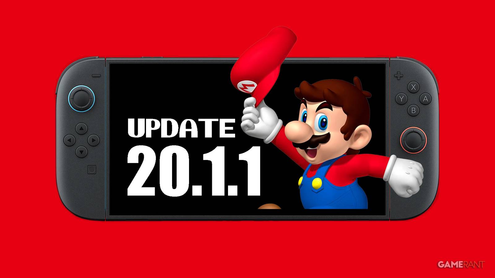 Nintendo Switch 2 update 20.1.1 with Mario illustration red background 2x1 composite