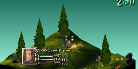 Orlandeau prepares for battle on a forest map, showing full HP and MP in Final Fantasy Tactics gameplay