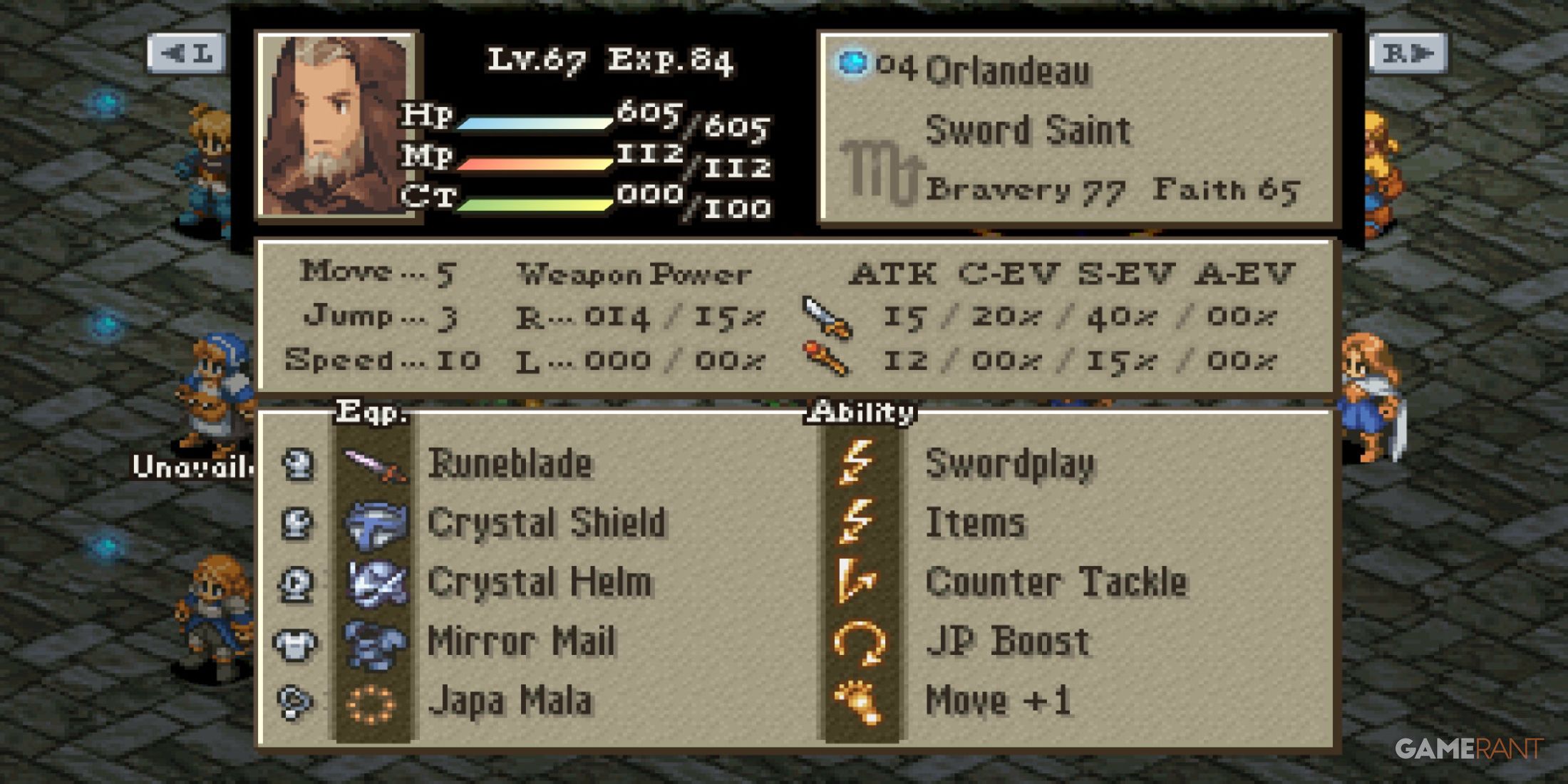 Orlandeau’s status screen in Final Fantasy Tactics shows his Sword Saint stats and legendary gear equipped
