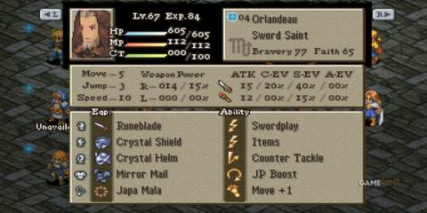 Orlandeau’s status screen in Final Fantasy Tactics shows his Sword Saint stats and legendary gear equipped