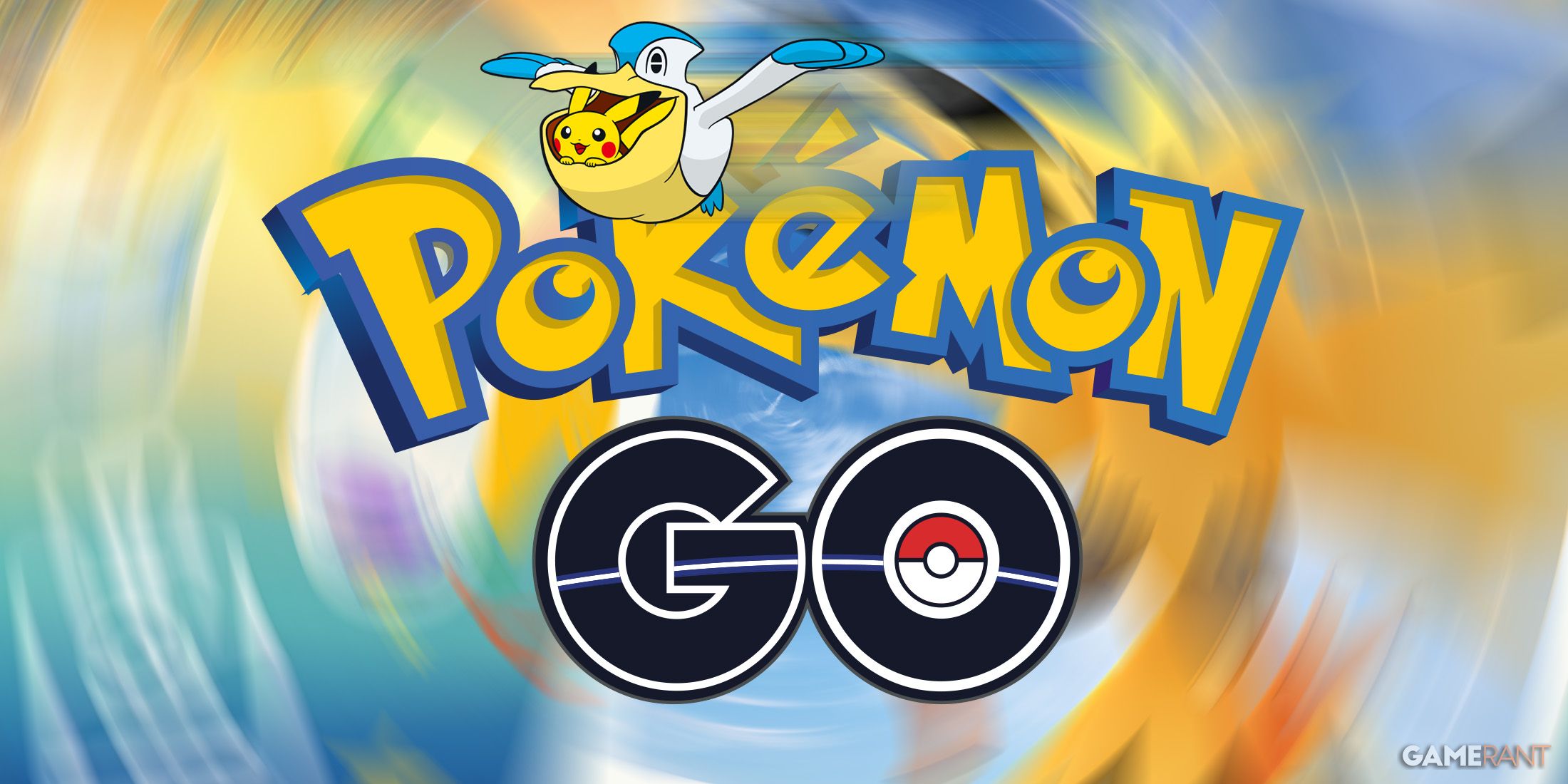 Pelipper carrying Pikachu in mouth over Pokemon GO logo 2x1 composite