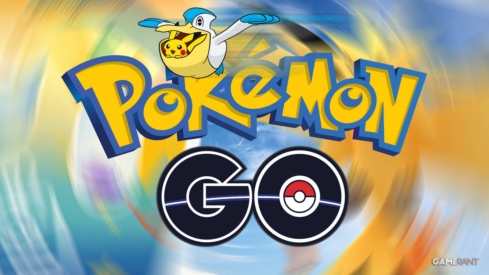 Pelipper carrying Pikachu in mouth over Pokemon GO logo 2x1 composite