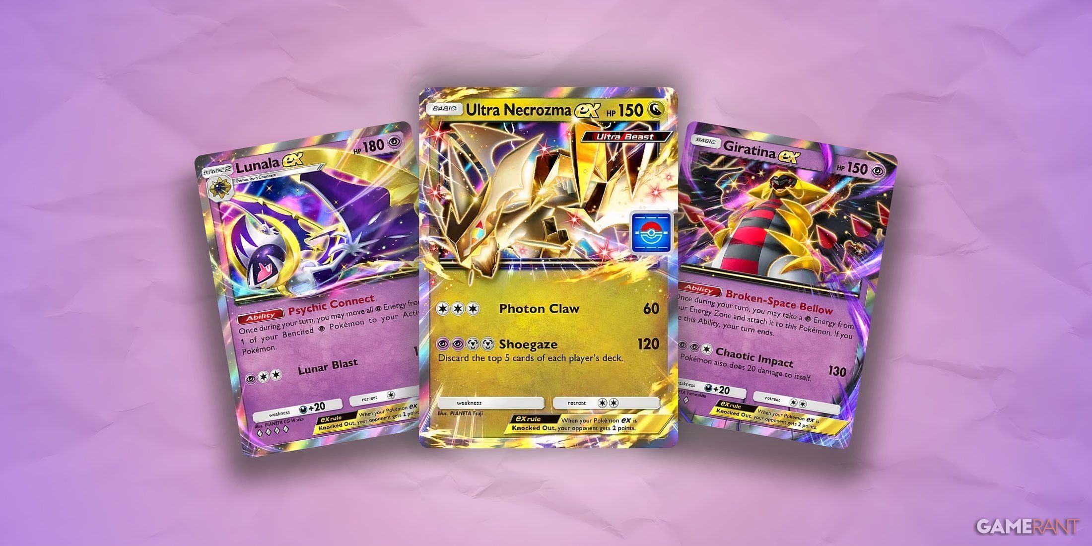 giratina ex, lunala ex, and ultra necrozma ex cards in pokemon tcg pocket.