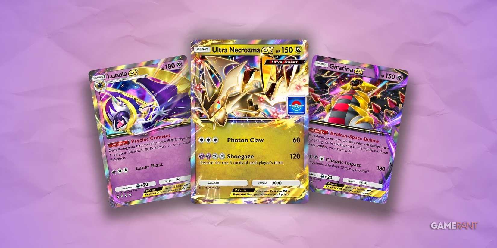 giratina ex, lunala ex, and ultra necrozma ex cards in pokemon tcg pocket.