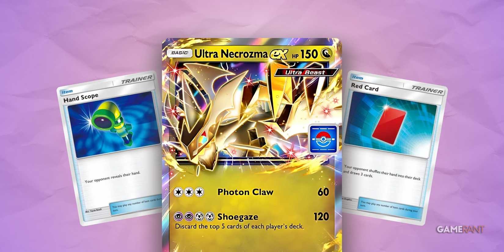ultra necrozma ex, hand scope, and red card in pokemon tcg pocket.