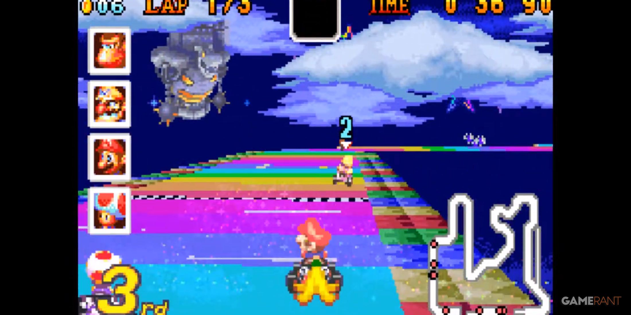 Racing on Rainbow Road in Mario Kart Super Circuit is thrilling with narrow paths and pixel-perfect design