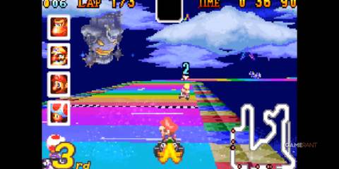 Racing on Rainbow Road in Mario Kart Super Circuit is thrilling with narrow paths and pixel-perfect design