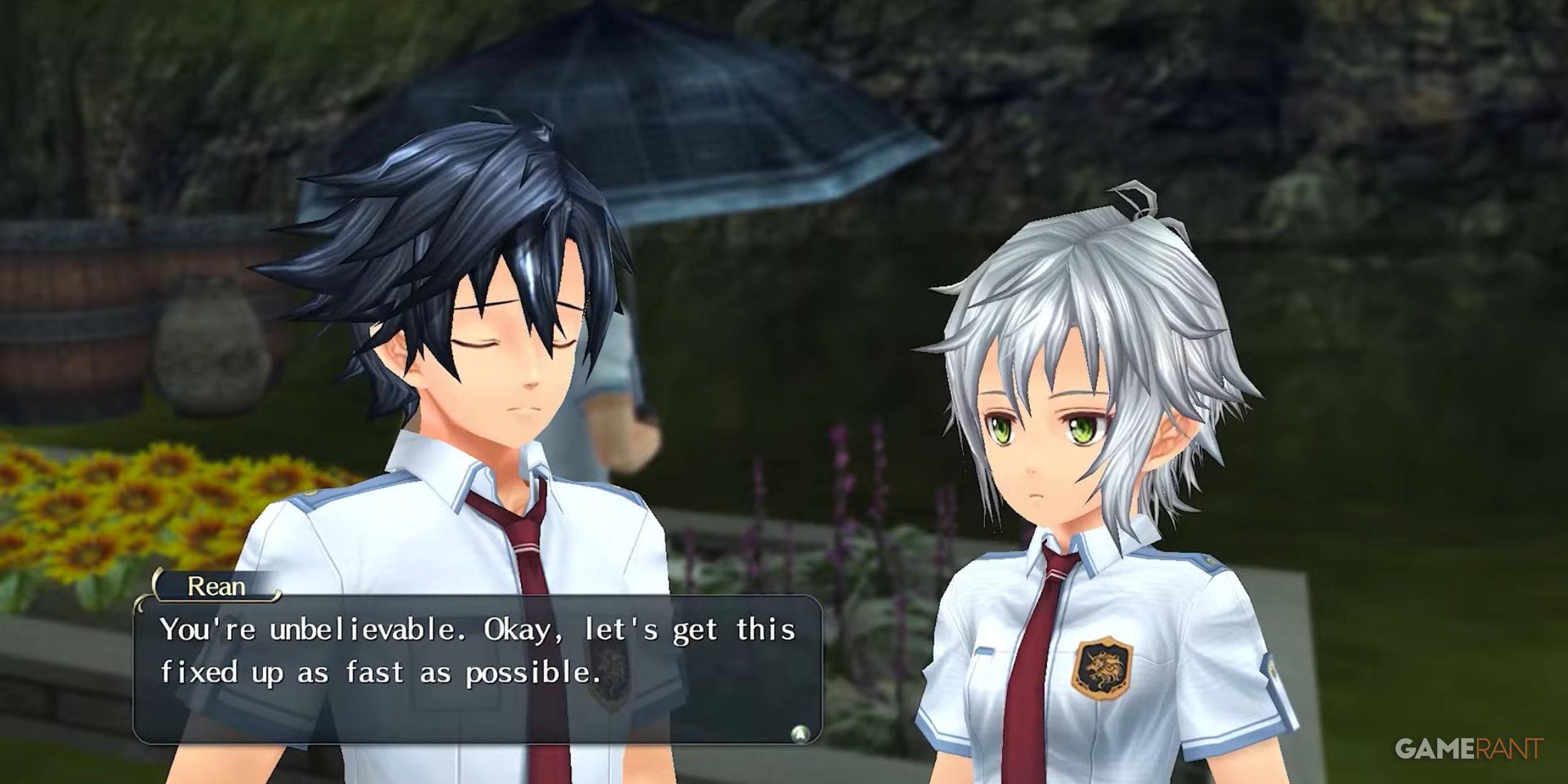 Rean and Fie Claussell talk in school uniforms during a bonding event in Trails of Cold Steel