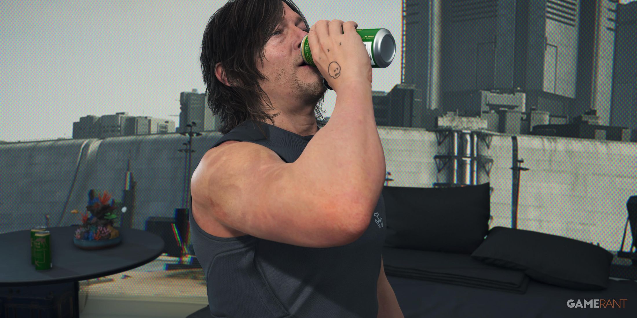 Sam Bridges drinks a tea can in front of a window with a view of the outside world in Death Stranding 2