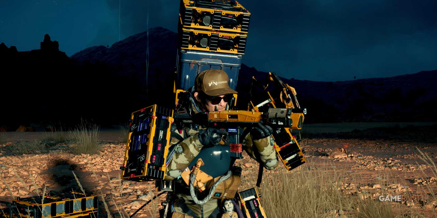 Sam Bridges uses his shotgun during a quest in Death Stranding 2