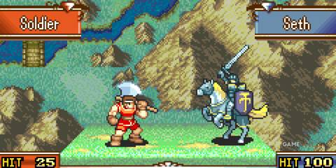 Seth faces off against a soldier in battle, showcasing high accuracy and mounted combat in Sacred Stones