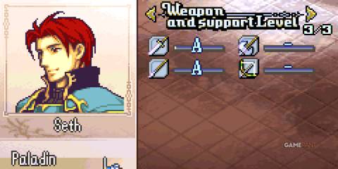 Seth’s weapon ranks show A-level proficiency in swords and lances in Fire Emblem The Sacred Stones