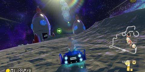 The 3DS Rainbow Road combines rainbow tiles, rockets, and anti-gravity sections in one of the series’ most creative tracks