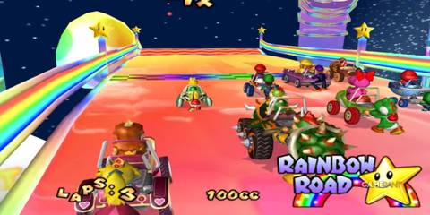 The iconic Rainbow Road in Double Dash!! begins with a bright launch area before entering wild turns and stunts