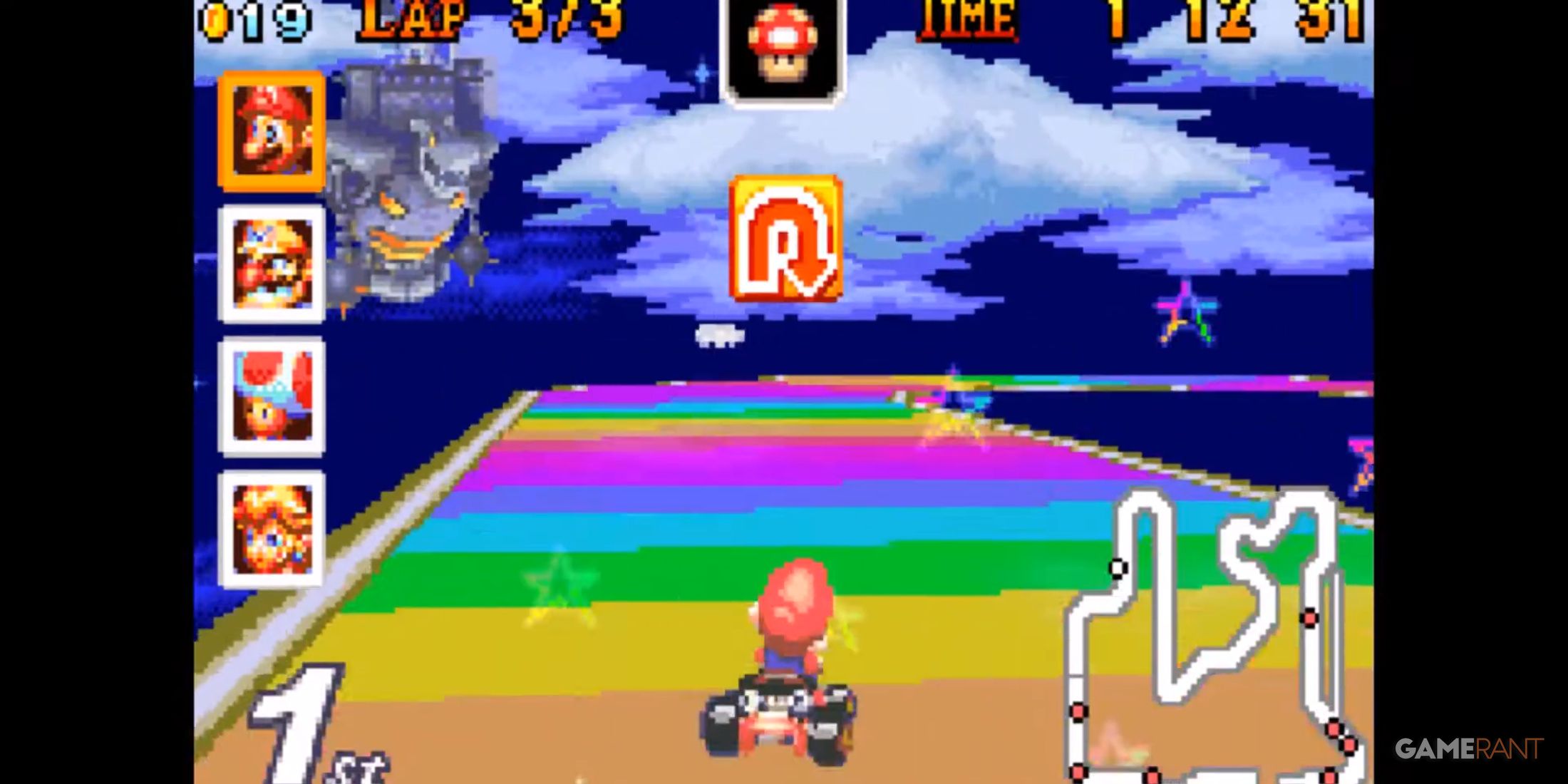 The Rainbow Road in Mario Kart Super Circuit remains iconic for its risky curves and vibrant pixel visuals