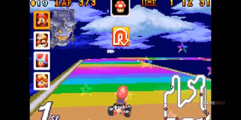 The Rainbow Road in Mario Kart Super Circuit remains iconic for its risky curves and vibrant pixel visuals