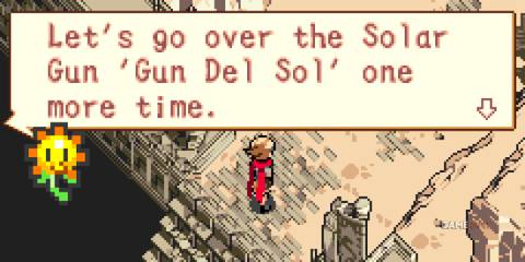 The sunflower mascot explains the Solar Gun mechanic to the player in Boktai The Sun Is in Your Hand