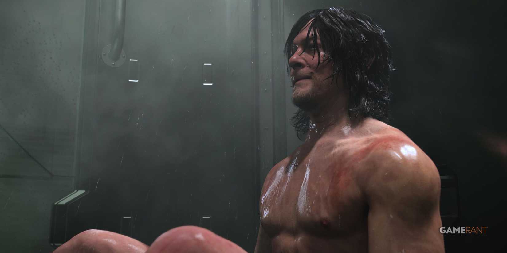 Sam sitting in the shower in Death Stranding 2: On The Beach