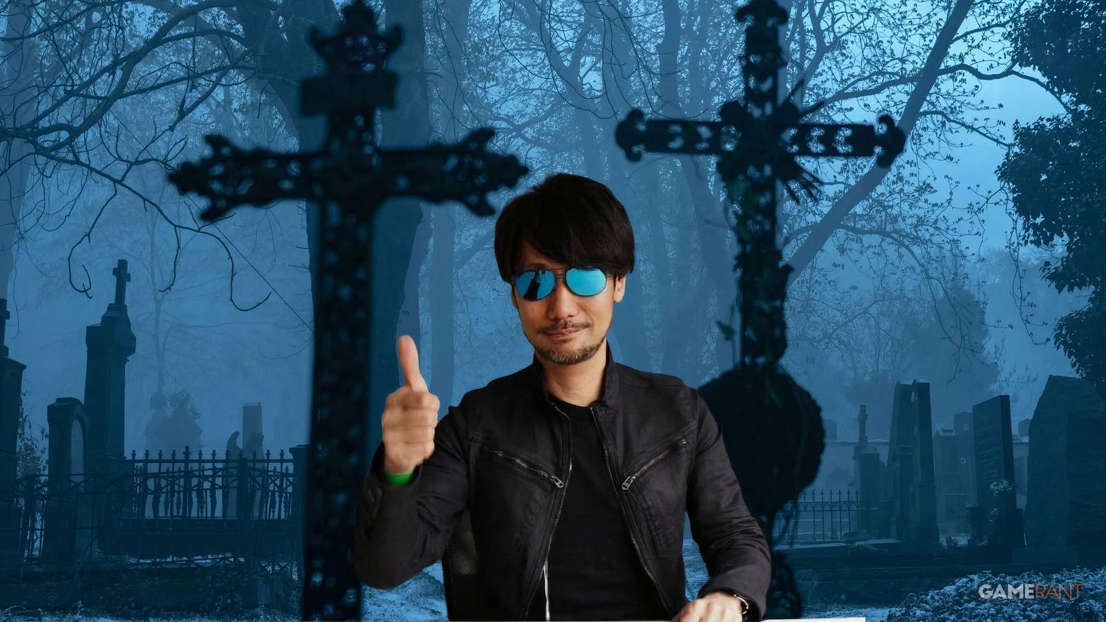 Hideo Kojima giving thumbs up in front of nosferatu scene