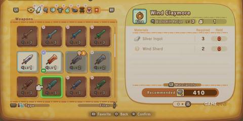 Wind Claymore recipe in Fantasy Life I: The Girl Who Steals Time