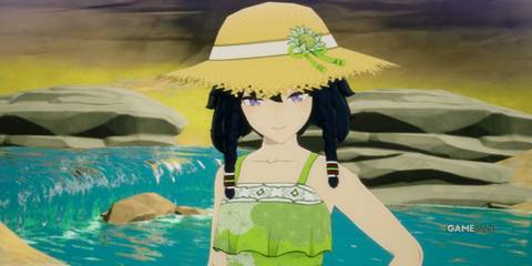 Pilika in her beach outfit next to the river in Rune Factory: Guardians of Azuma