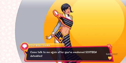 Textbox-Chan telling the player to come back after seeing 16 dateables in Date Everything