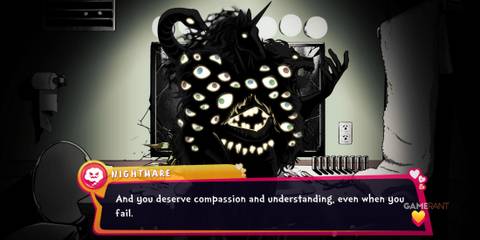 Nightmare talking to the player about failing in Date Everything