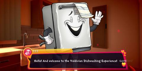 Dishy saying hello to the player in Date Everything