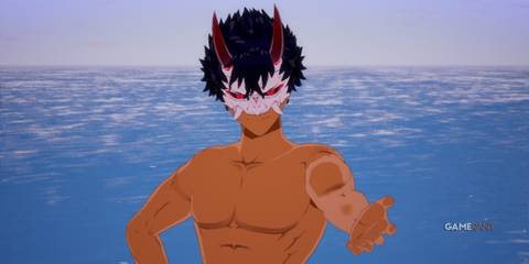 Kai shirtless by the ocean in Rune Factory: Guardians of Azuma 