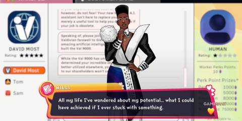 Willi talking to the player about her potential in Date Everything