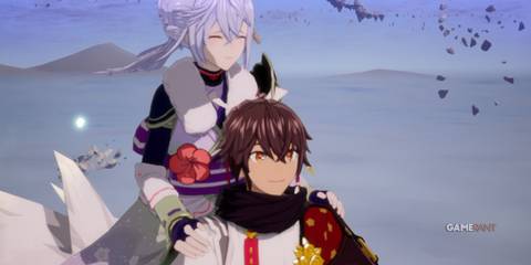 The player and Subaru riding on the White Dragon together in Rune Factory: Guardians of Azuma