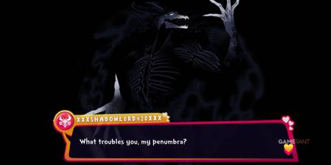 Shadowlord asking the player what's wrong in Date Everything