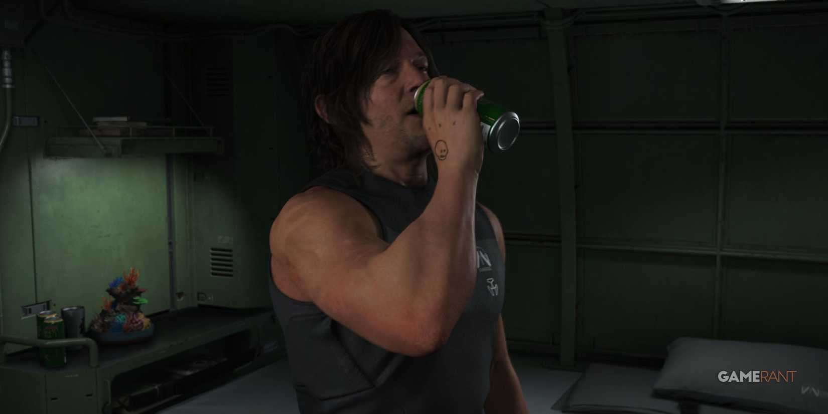  Sam drinking Chiral Tea from a can in Death Stranding 2: On The Beach