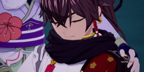 Subaru asleep in the player's arms in Rune Factory: Guardians of Azuma