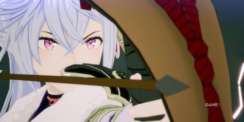 Kaguya aiming her bow in Rune Factory: Guardians of Azuma