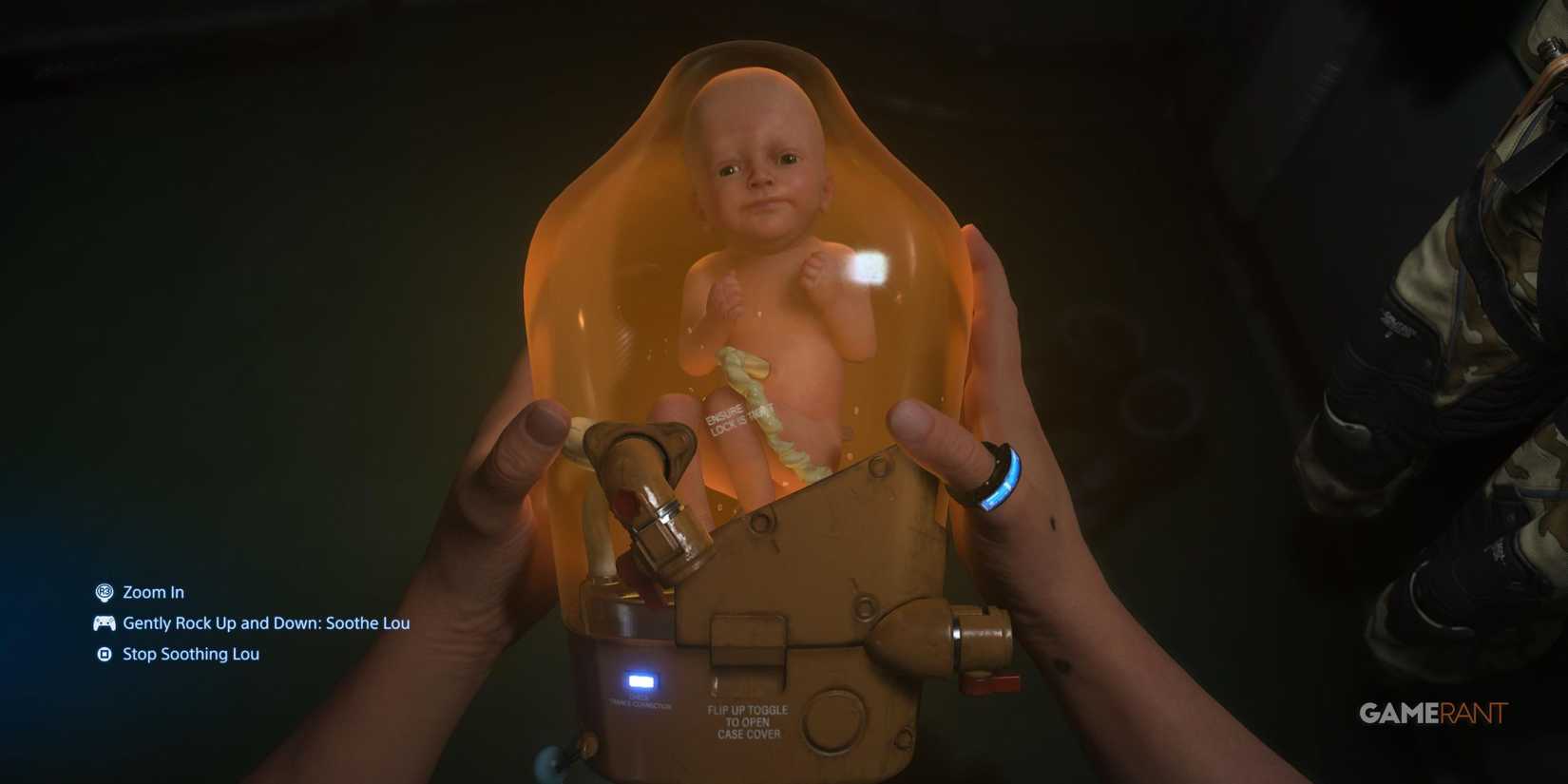 Sam in Death Stranding 2: On The Beach holding the pod that Lou is in