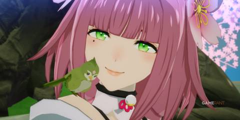 Ulalaka with a green bird on her shoulder in Rune Factory: Guardians of Azuma