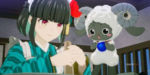 Iroha cooking with Woolby in Rune Factory: Guardians of Azuma