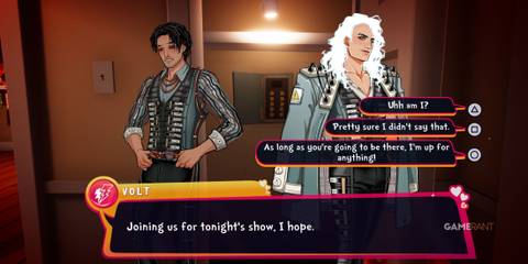 Volt inviting the player to join them in Date Everything