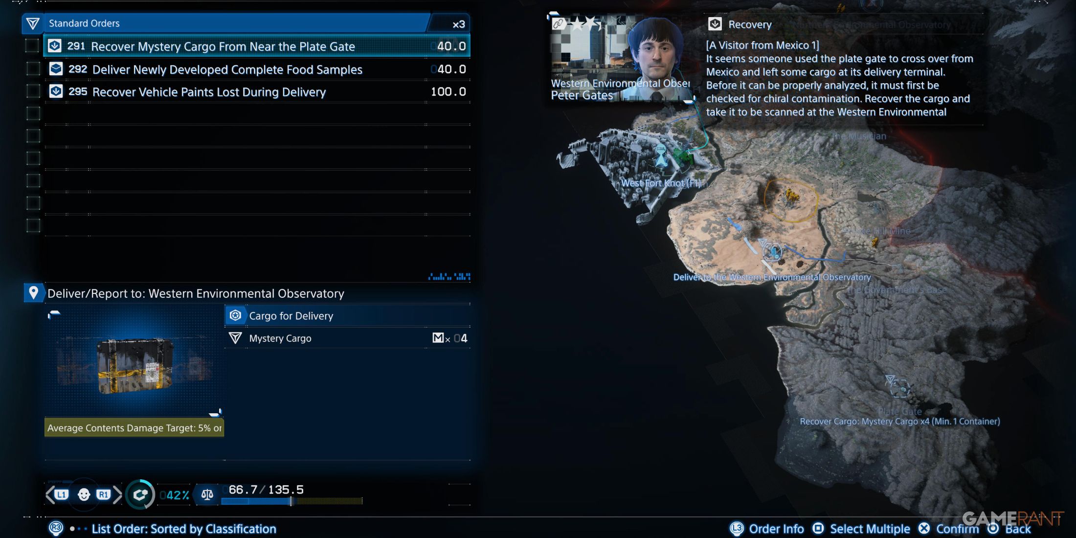 Viewing standard orders and delivery objectives in Death Stranding 2 On The Beach, progress shown on the world map