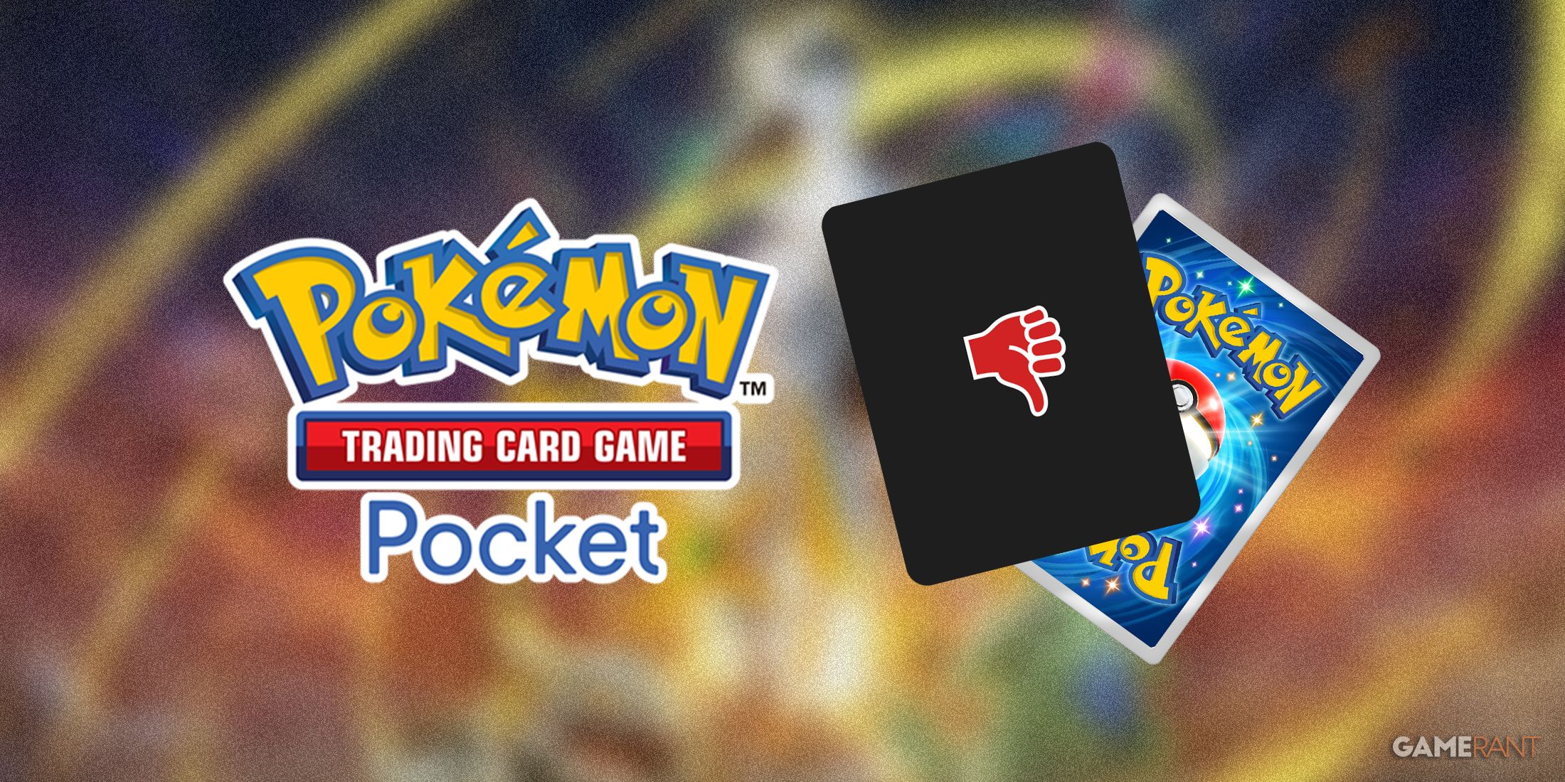 Pokemon TCG Pocket logo next to mystery card with thumbs down