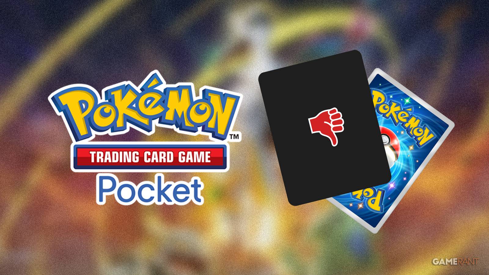 Pokemon TCG Pocket logo next to mystery card with thumbs down