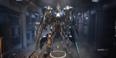 A sleek blue and white mech with a unicorn horn stands in a futuristic hangar in Mecha BREAK