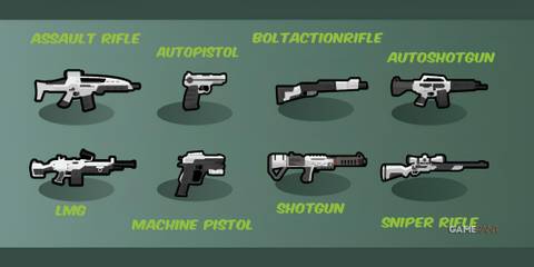 Array of sleek, sci‑fi weapon sprites from the Astronomy Style Pack, labeling each gun type with bold green text