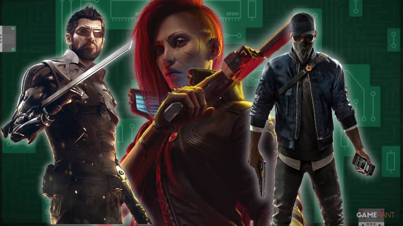 Adam Jensen, V, and Marcus Holloway