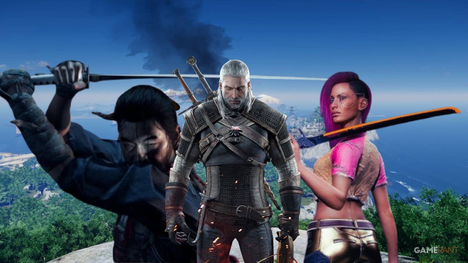 Jin, Geralt, and V in Best Open-World Games For Feeling Like An OP Swordmaster, Ranked